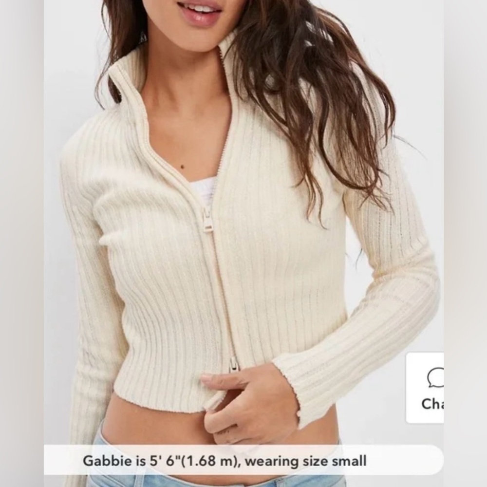 NWT American Eagle Double Zip Cream/Ivory Mock Neck Cardigan, Size Large